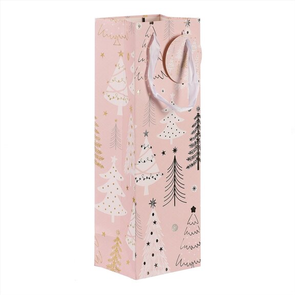Taška papírová na víno - vánoční stromky, růžová.