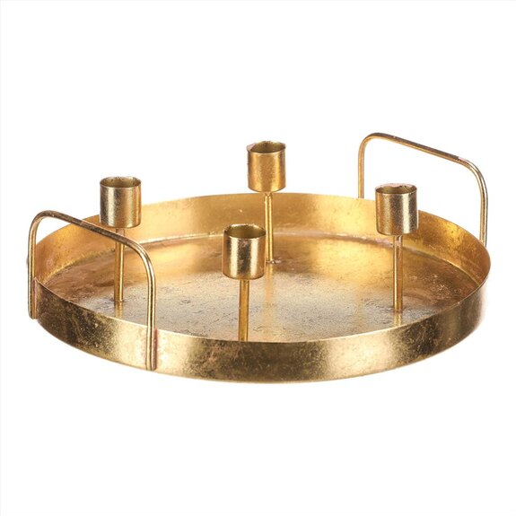 Svícen kovový - na 4 kónické svíčky, kruhový, barva zlatá.