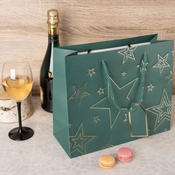 Taška papír dárková hvězda 31x12x26 cm zelená