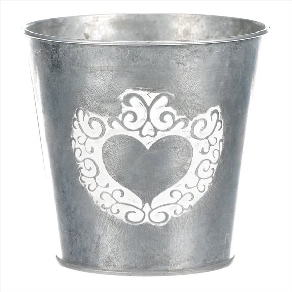 Obal kovový na květiny ve stříbrné barvě s dekorem srdce