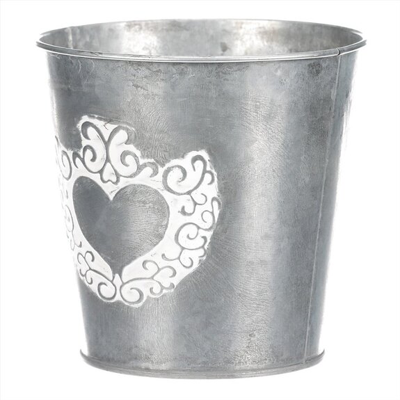 Obal kovový na květiny ve stříbrné barvě s dekorem srdce