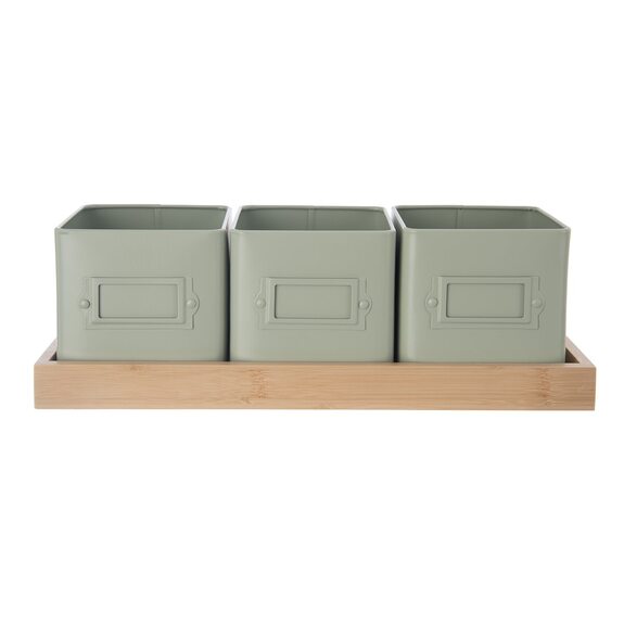 Květináč kov bylinky GREENISH 11,5x11,5 cm 3 ks+ bambus. podtácek