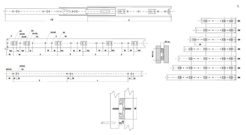 Ložiskový plnovýsuv s tlumením  450mm k šatním košům