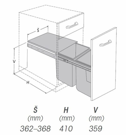 Výsuvný odpadkový 2-koš s úchyty dvířek, 2x16 l, K40-šedý plast