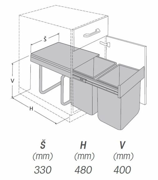 Výsuvný odpadkový 2-koš, 2x20 l, K40-šedý plast