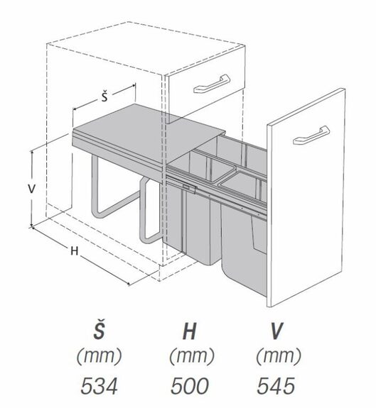 Výsuvný odpadkový 3-koš Komfort + set pro úchyt dvířek, 1x34 l + 2x17 l, K60