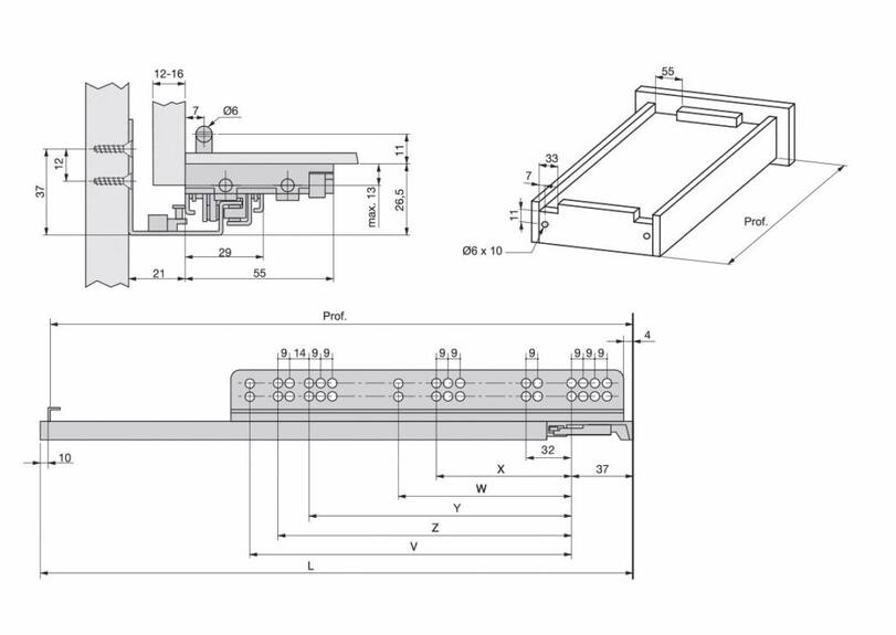 Skrytý plnovýsuv s tlumeným dotahem 500