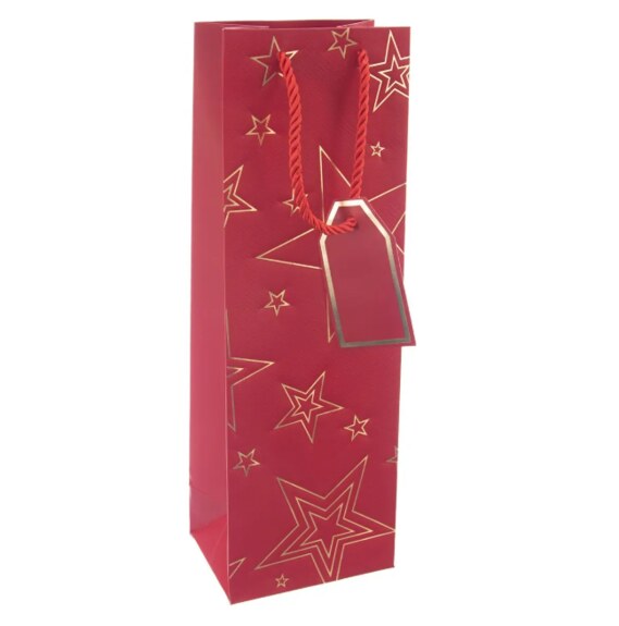 Taška papír dárková na víno hvězda 12x9x36 cm červená