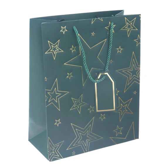 Taška papír dárková hvězda 26x12x32 cm zelená