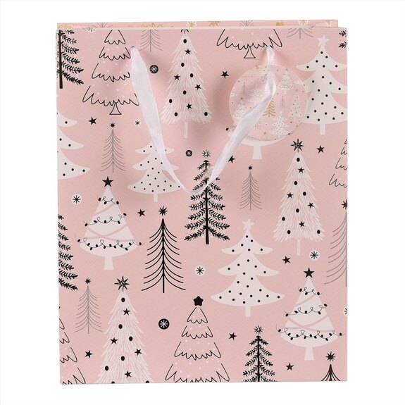 Taška papírová - vánoční stromky, růžová, střední velikost.