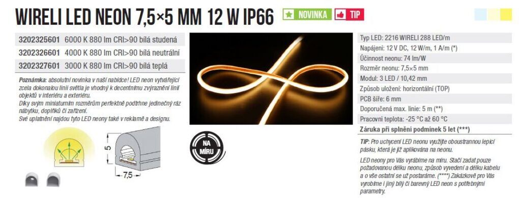 LED NEON 7,5x5 MM WIRELI WW 880lm 12W 1A 12V (bílá teplá)