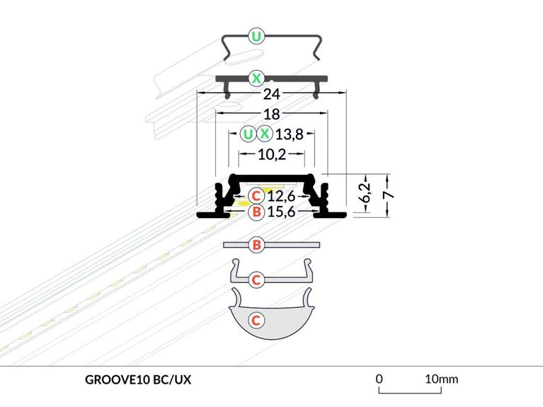 Profil WIRELI GROOVE10 BC/UX stříbrný elox, 3m (metráž)
