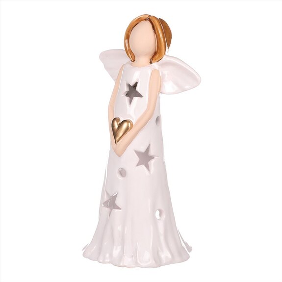 Anděl bílý držící srdce - svícen na čajovou svíčku