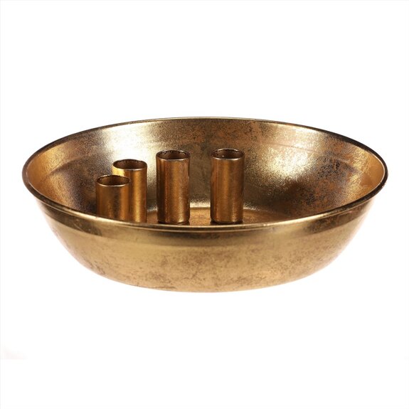 Svícen kovový - pro 4 kónické svíčky, tvar mísy, zlatý.