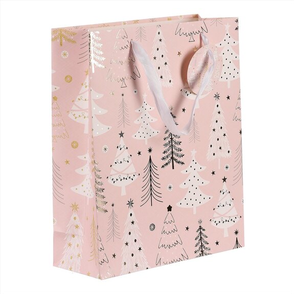 Taška papírová - vánoční stromky, růžová, střední velikost.