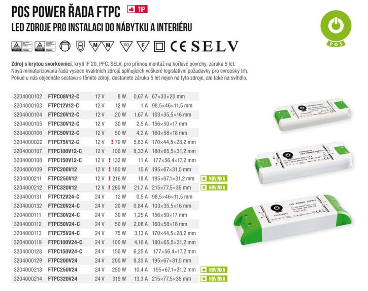 Zdroj napětí 24V 250W 10,4A IP20 POS POWER typ FTPC250V24
