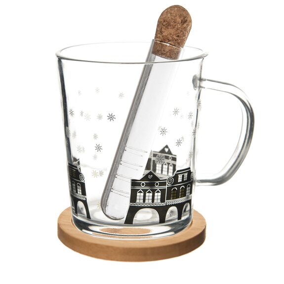 Hrnek sklo/bambus podšálek+infuzér DOMKY 0,42 l