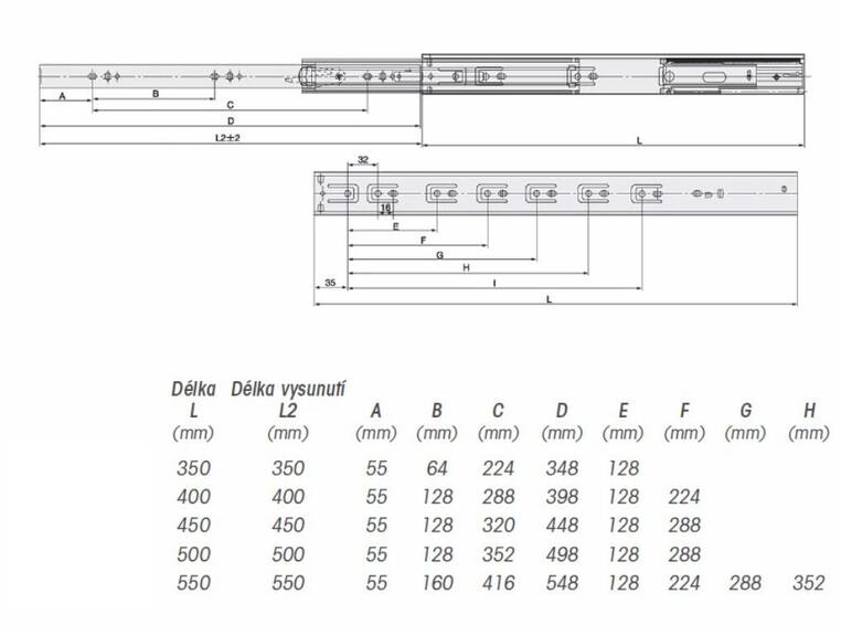 Ložiskový plnovýsuv s tlumením  550mm