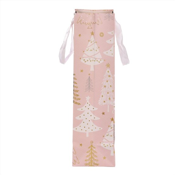 Taška papírová na víno - vánoční stromky, růžová.