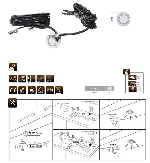 Dotykový spínač se stmívačem k zavrtání do korpusu (s podsvětlením)